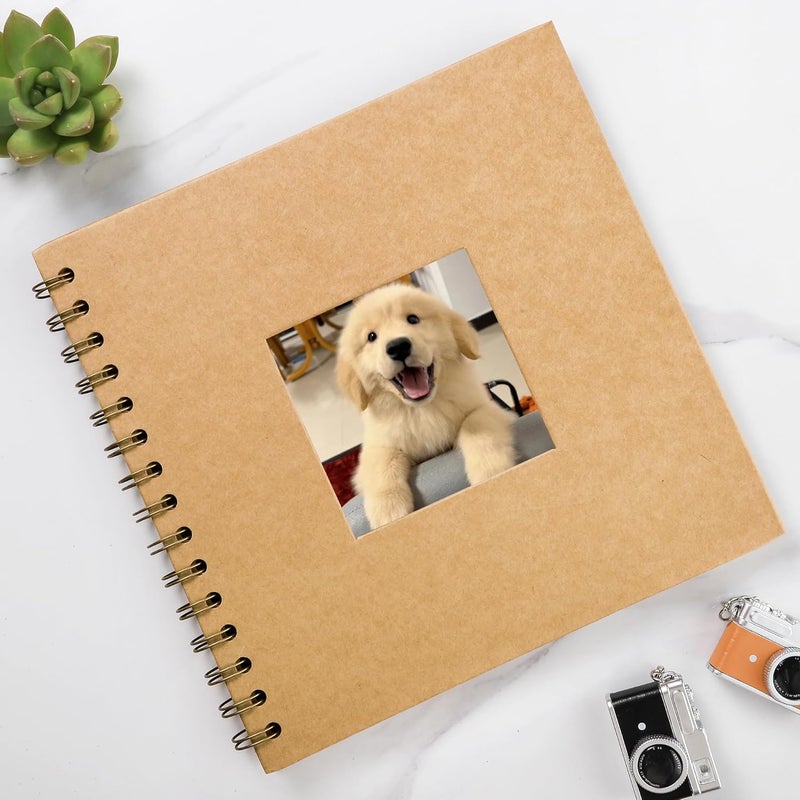 MEMOTOR Scrapbook 7 x 7 Inch DIY Square Photo Window, Memory Book for Parents and Kids, Photo Album Hardcover Kraft Paper Brown 20 Sheets/ 40 Pages - Image 1